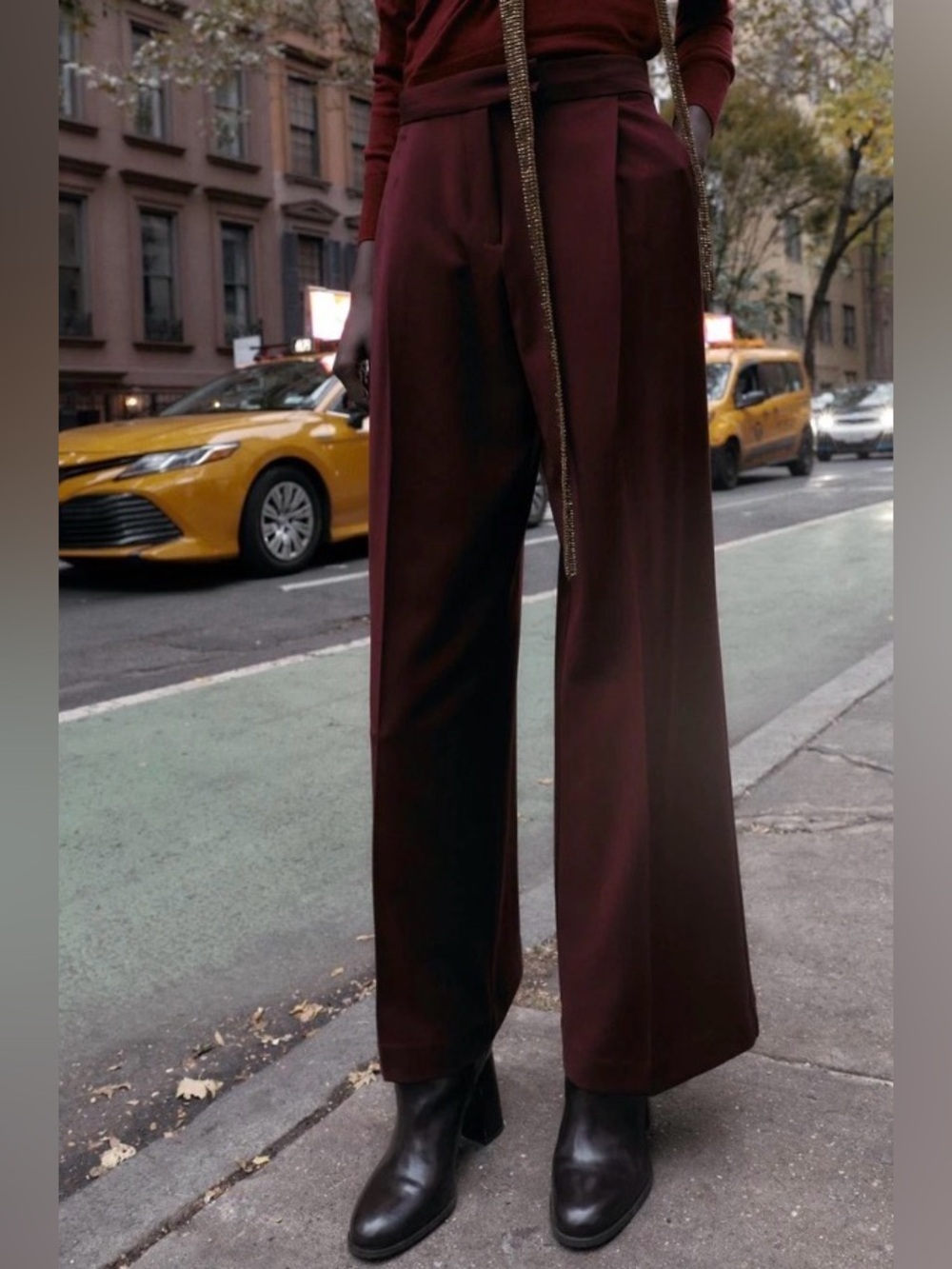 Zara Satin Burgundy Ankle Trousers Size Large